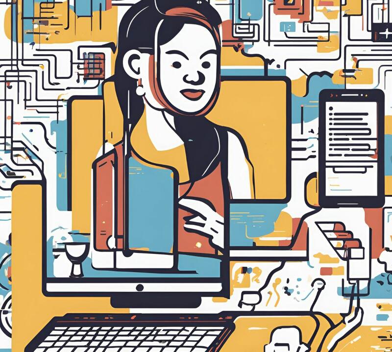 Illustration of a person surrounded by digital devices and wires, depicting a technological and highly connected environment.