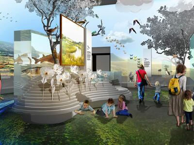 Image shows an artists' impression of what the museum might look like inside with interactive design. There are trees inside and children playing on the floor which looks like grass, despite being inside.